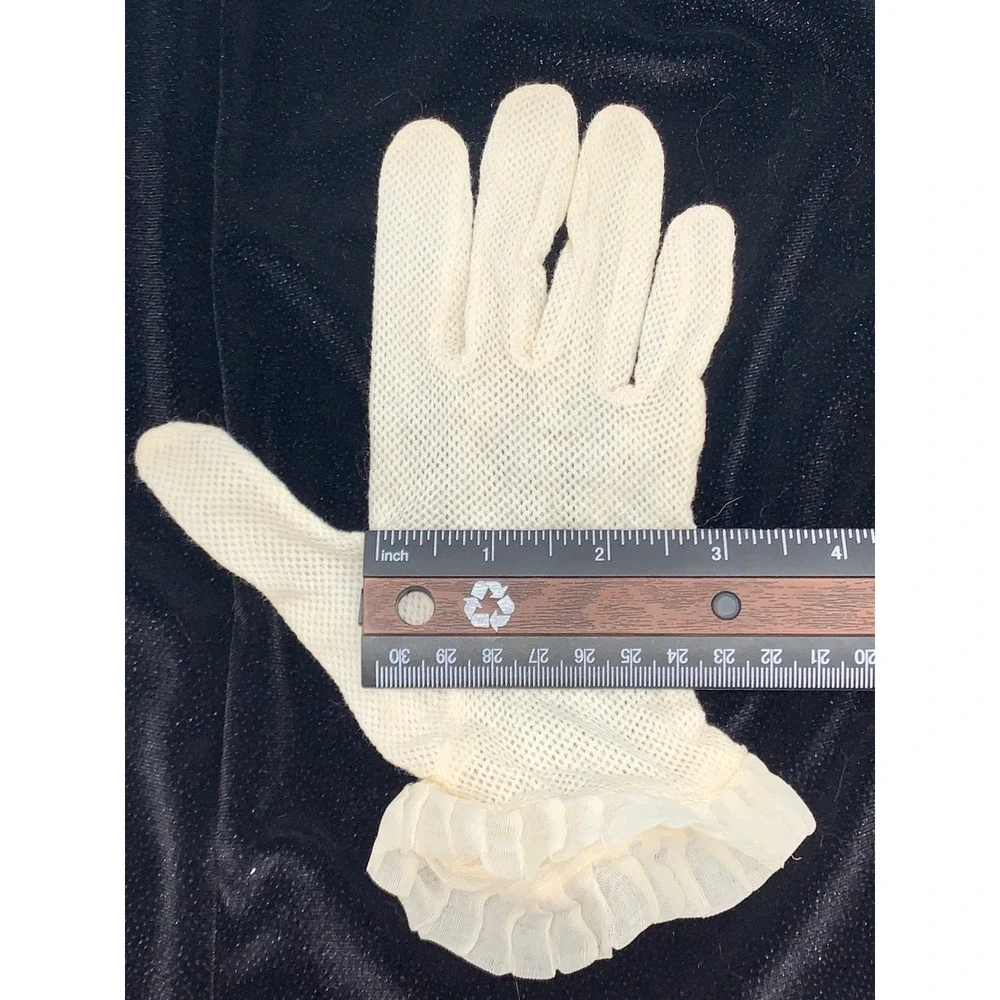 Vintage 1950s Ivory Mesh Crochet Gloves Sheer Ruffle Cuffs Tea Party Church